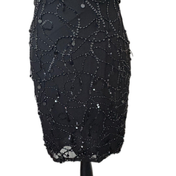 Vintage 80s Night Line Beaded Shift Dress 100% Silk Black Modern Size Small - Picture 3 of 8